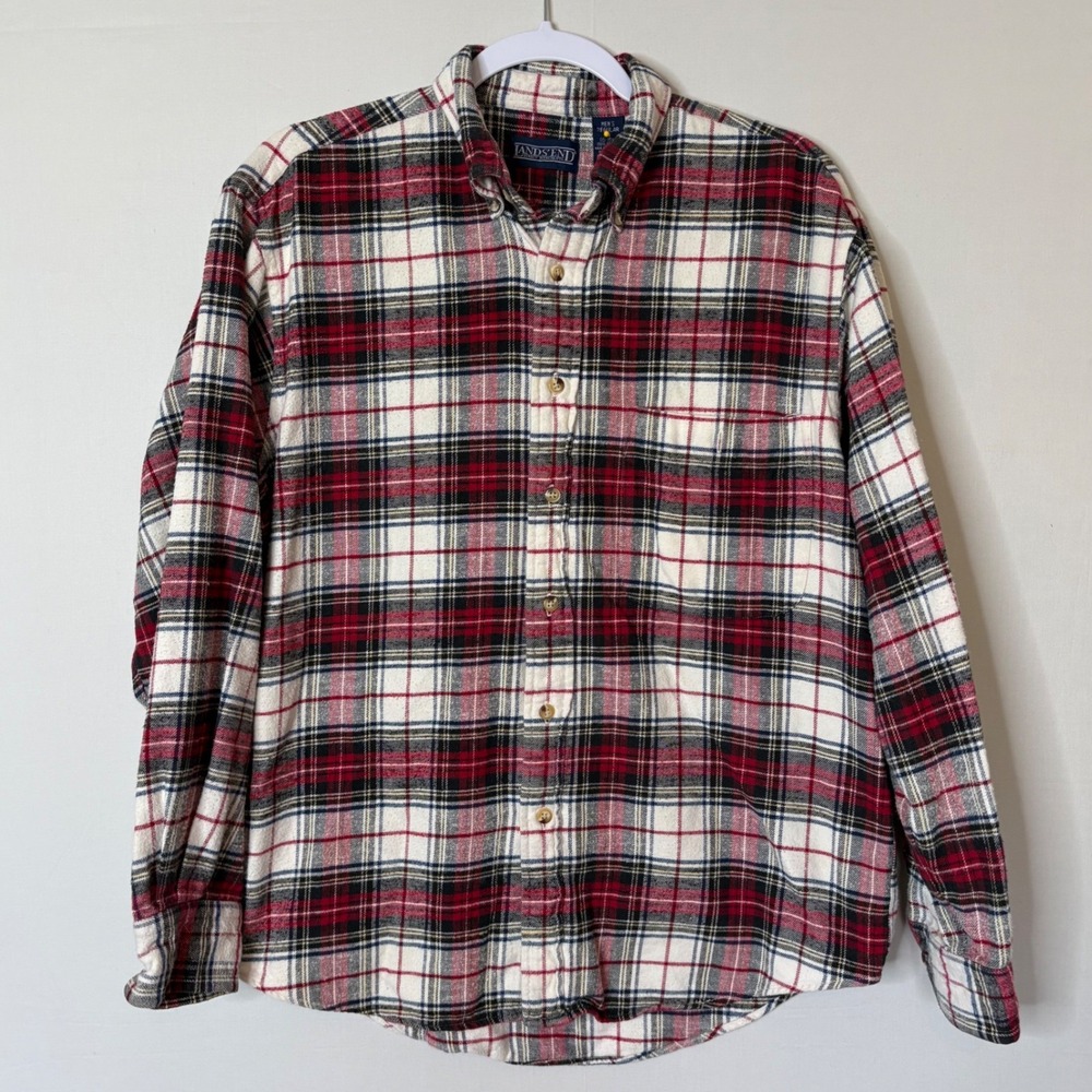 Vtg 90s Lands End Plaid Flannel Shirt Mens M Regular Grunge Alt Rock Red Black